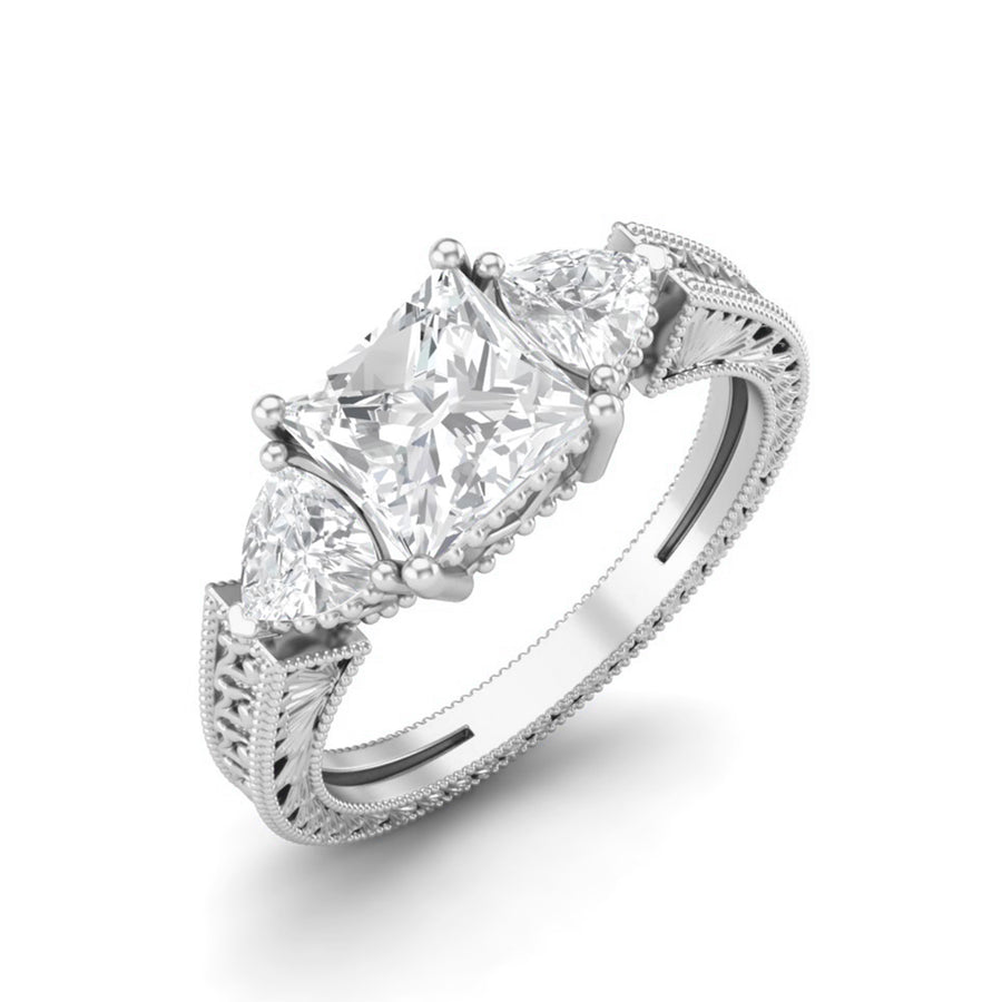 Moissanite Vintage Engraved Band Pear Accents Ring – Sterling Silver