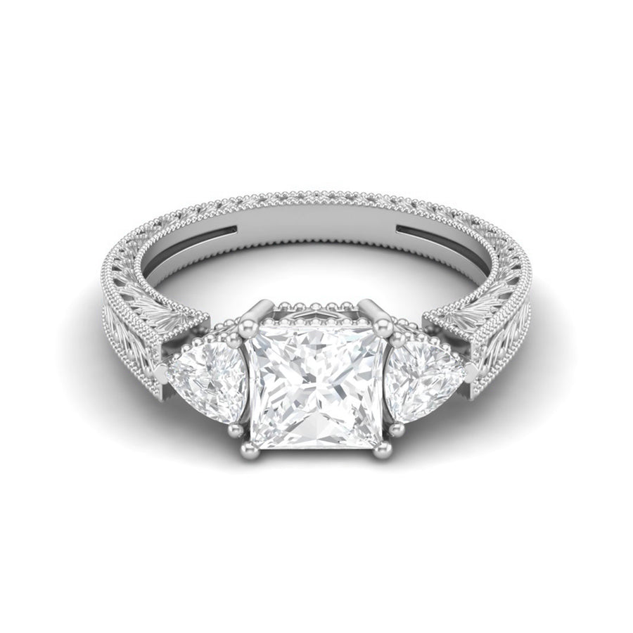 Moissanite Vintage Engraved Band Pear Accents Ring – Sterling Silver