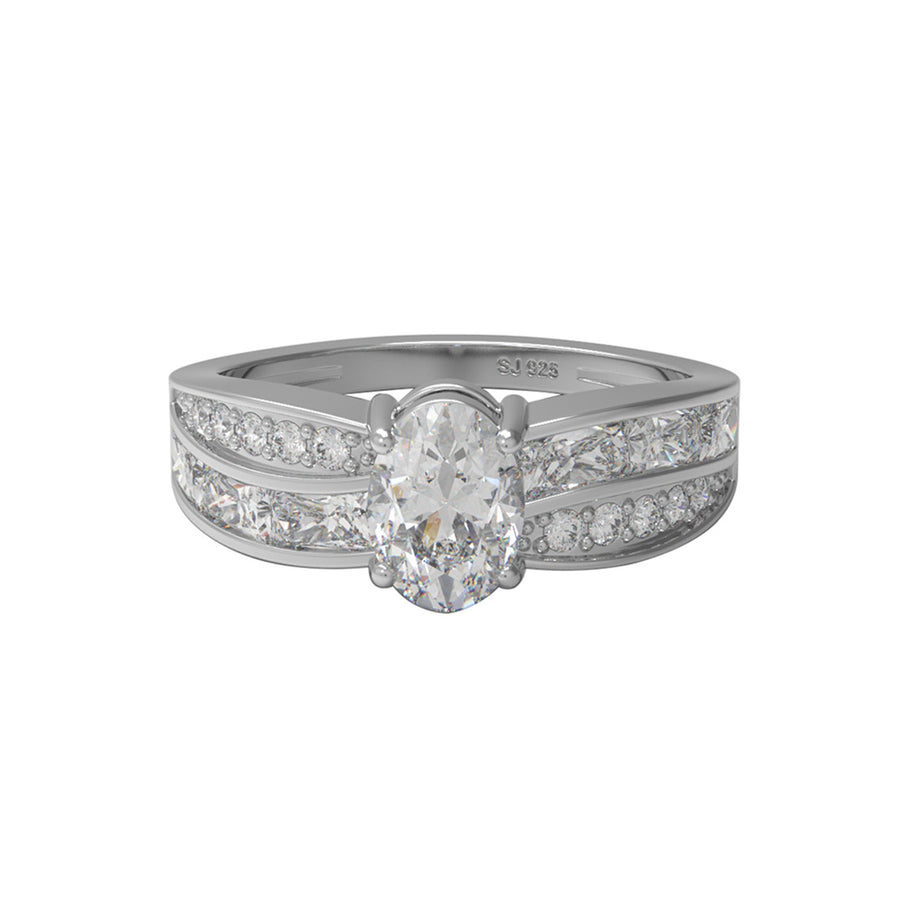 Moissanite Triple Row Channel Set Oval Ring - Sterling Silver