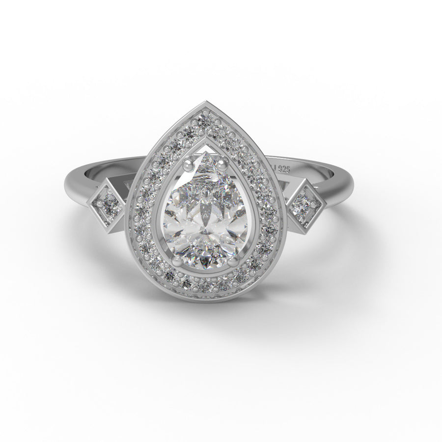 Moissanite Art Deco-Inspired Pear Halo Ring - Sterling Silver
