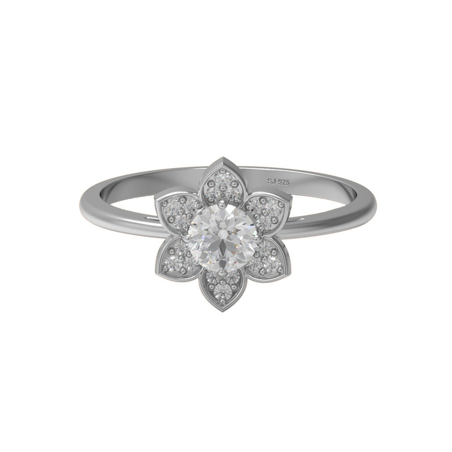 Moissanite Floral Petal Halo Design Ring – Sterling Silver