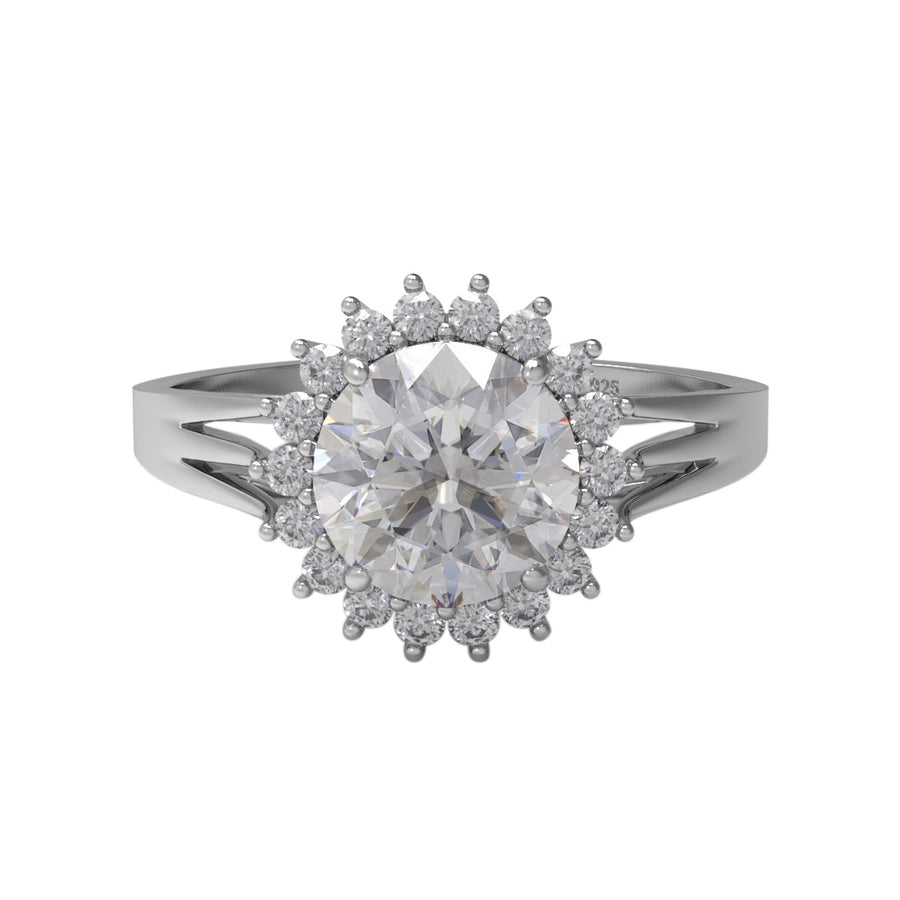Moissanite Floral Halo Split Shank Ring – Sterling Silver