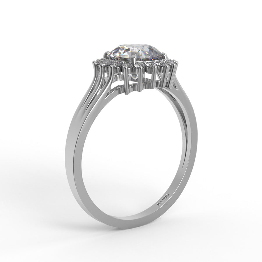 Moissanite Floral Halo Split Shank Ring – Sterling Silver