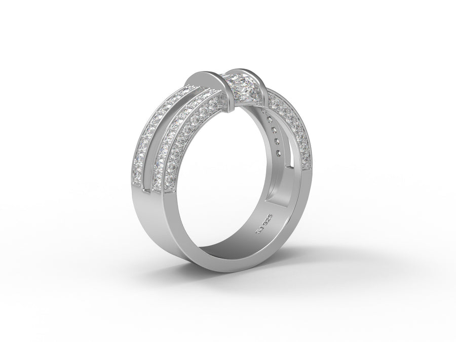 Moissanite Triple Row Pave Band Ring – Sterling Silver