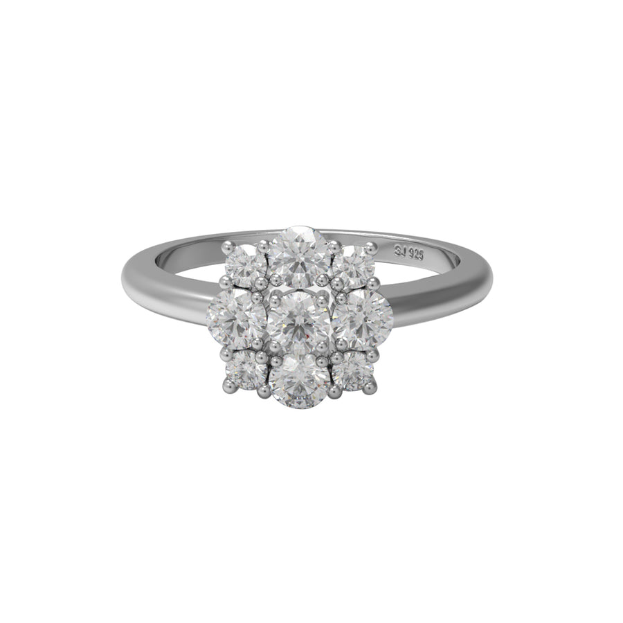 Moissanite Classic Floral Cluster Design Ring – Sterling Silver