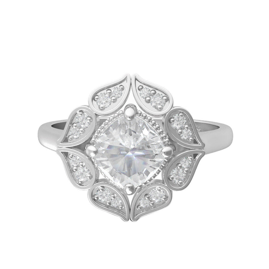 Moissanite Floral Petal Vintage Halo Ring – Sterling Silver