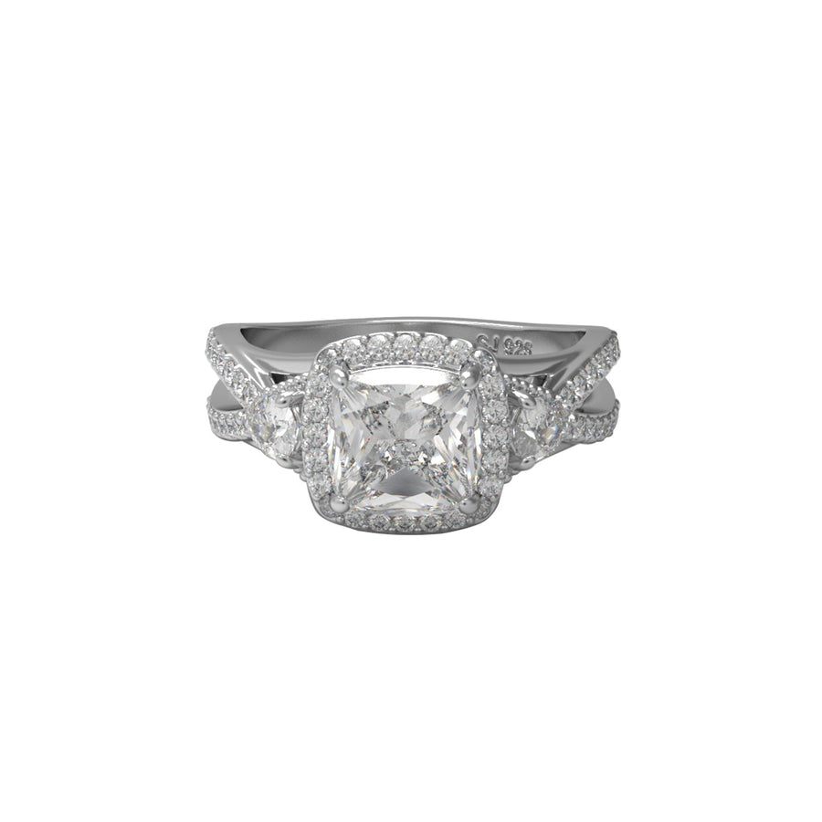Moissanite Split Shank Cluster Engagement Ring – Sterling Silver