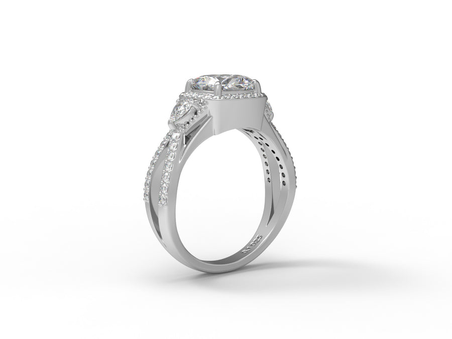 Moissanite Split Shank Cluster Engagement Ring – Sterling Silver