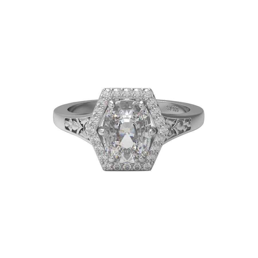 Moissanite Hexagon Halo Vintage Filigree Ring – Sterling Silver