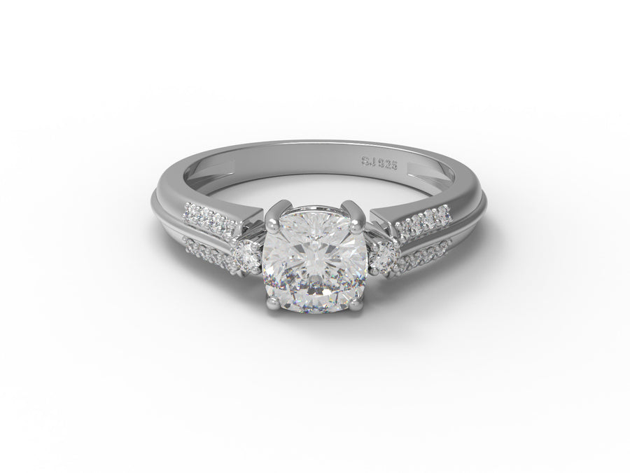 Moissanite Pave Accent Engagement Ring – Sterling Silver