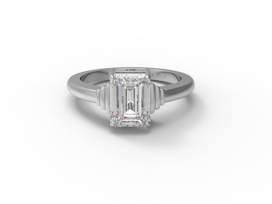 Moissanite Solitaire Grooved Bar Accents Ring - Sterling Silver