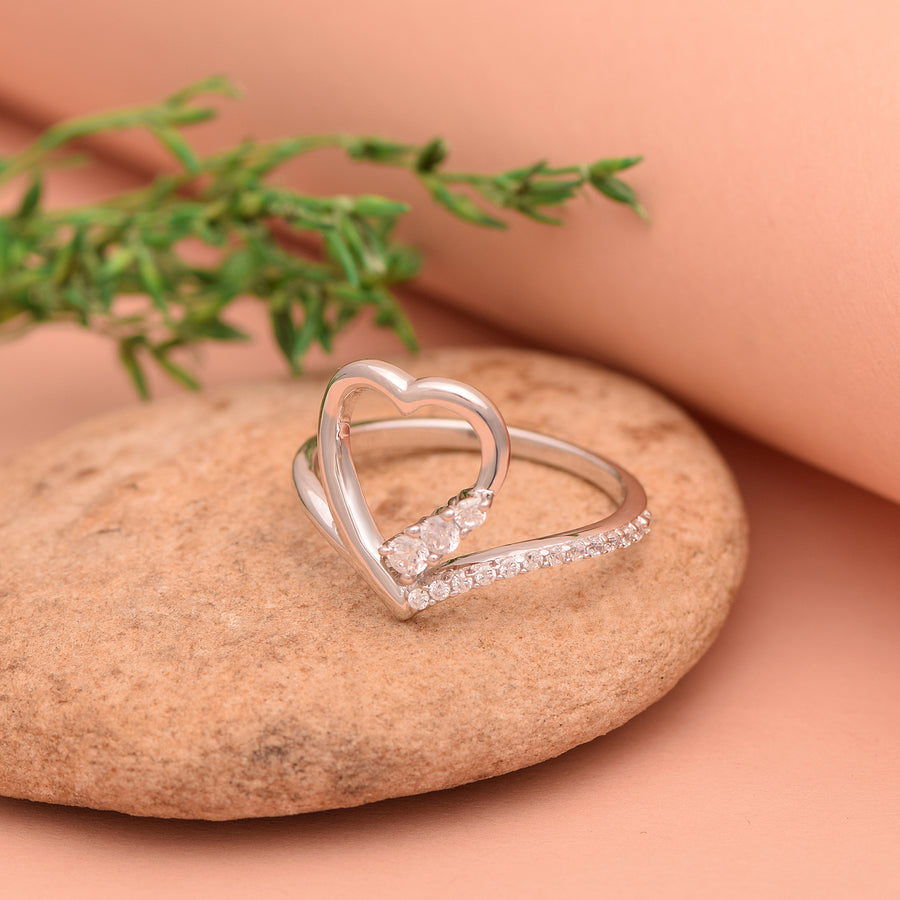 White Zircon Open Heart Design Ring -Sterling Silver