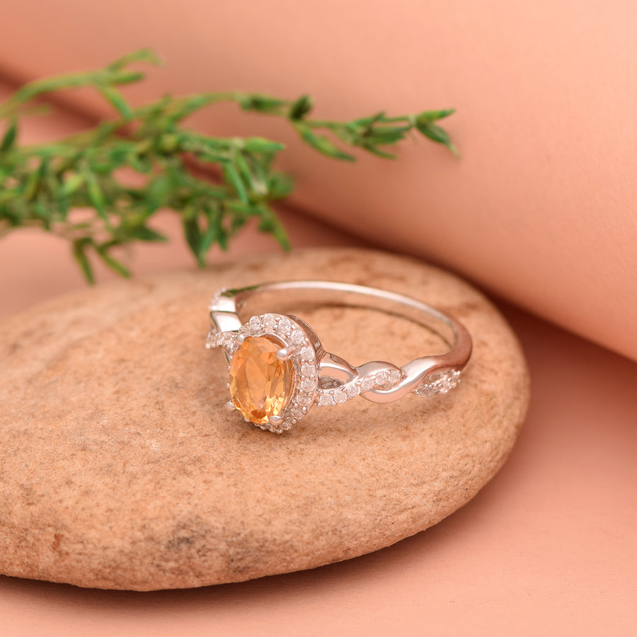 Citrine Solitaire Accents Ring- Sterling Silver
