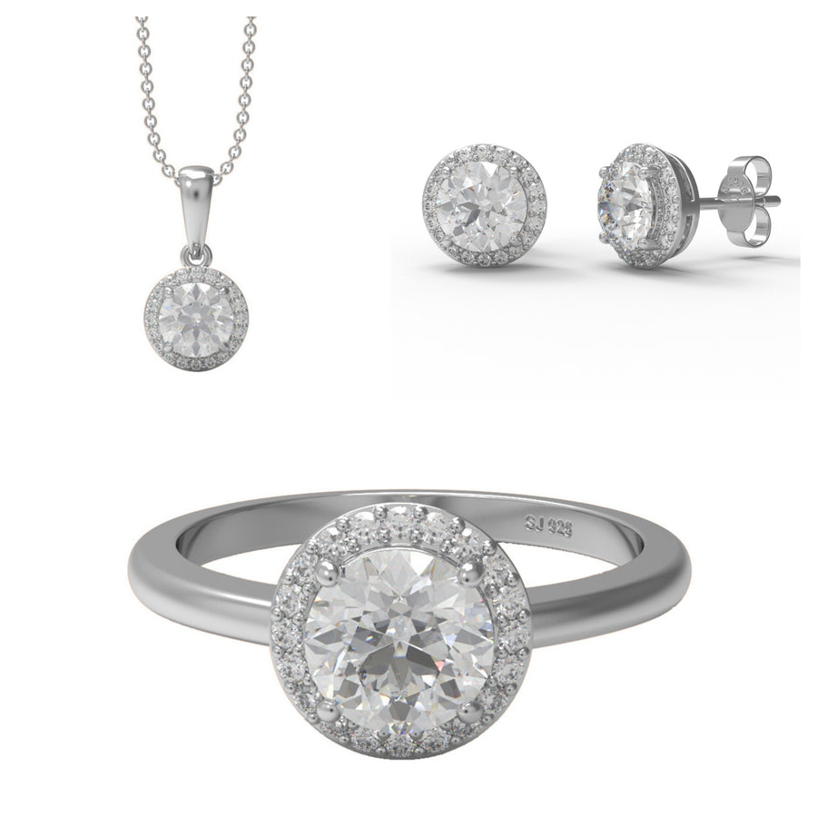 Moissanite Classic Halo Jewelry Set - Sterling Silver