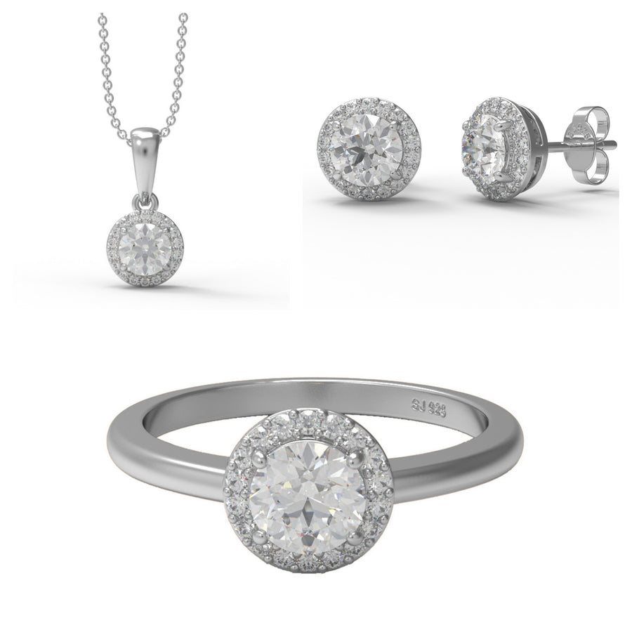 Moissanite Classic Halo Jewelry Set - Sterling Silver