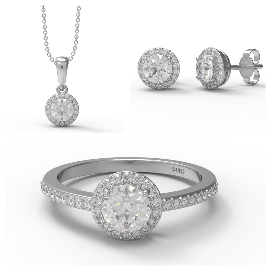 Moissanite Solitaire Halo Jewelry Set - Sterling Silver