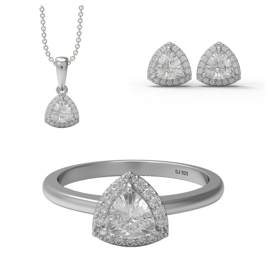 Moissanite Elegant Trillion Halo Trio Jewelry Set - Sterling Silver