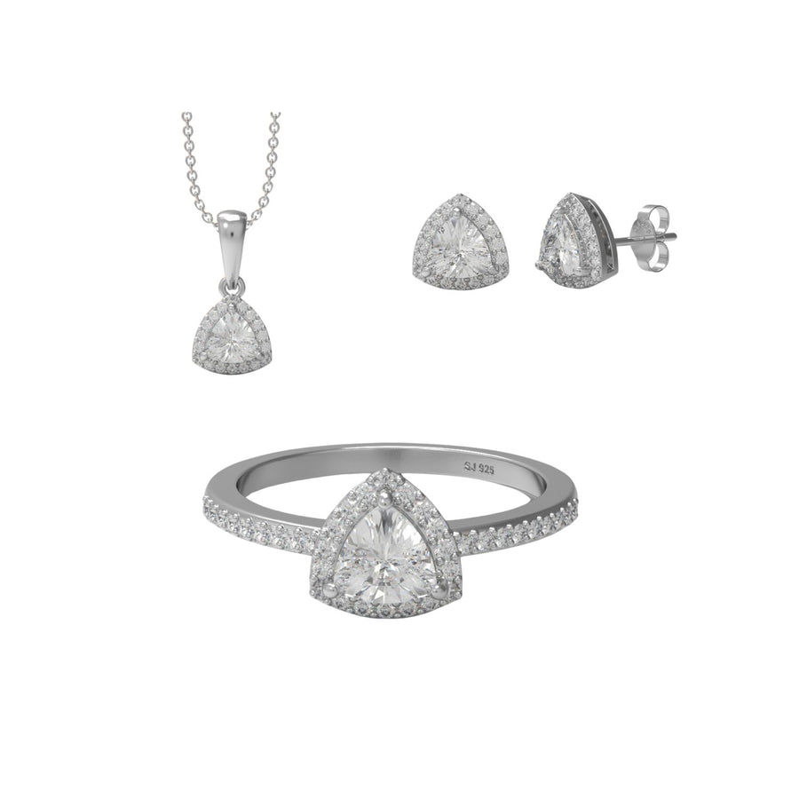 Moissanite Radiant Trillion Halo Jewelry Set - Sterling Silver