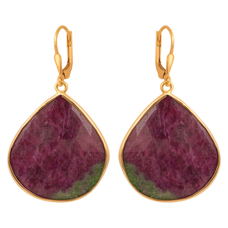 Huge Ruby Zoisite Natural Gemstone 925 Sterling Silver Gold Vermeil Leverback Earring - Kimaya INC