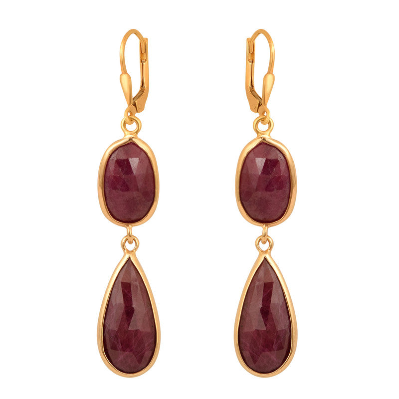 925 Sterling Silver Oval & Pear Cut Red Ruby Gemstone Gold Vermeil Dangle Earring
