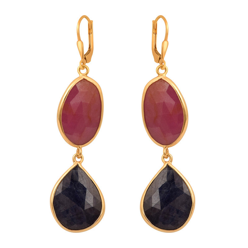 Solid 925 Sterling Silver Ruby with Blue Sapphire Gemstone Dangle Women Earrings - Kimaya INC