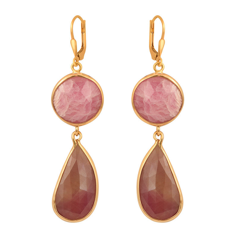 Natural Rhodochrosite with Ruby Gemstone Gold Vermeil Plated Leverback Earrings