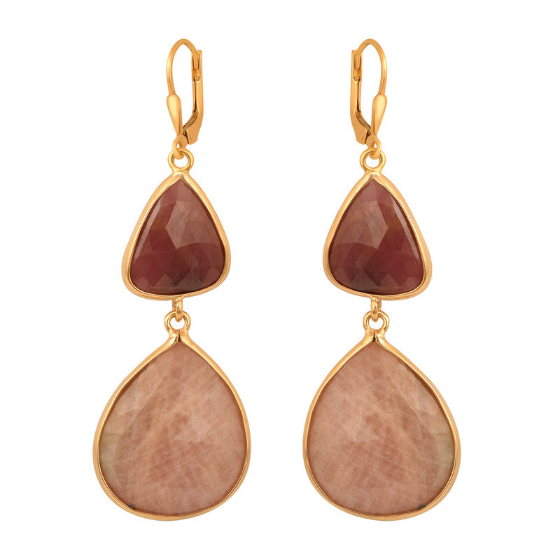 Natural Ruby with Rhodochrosite Gold Vermeil Plated Leverback Earrings - Kimaya INC