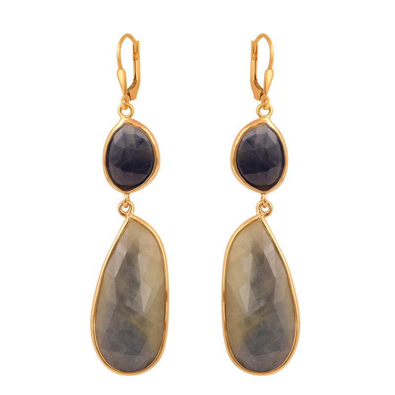 Blue Sapphire Drop Dangles Gold Plated Earrings -Sterling Silver