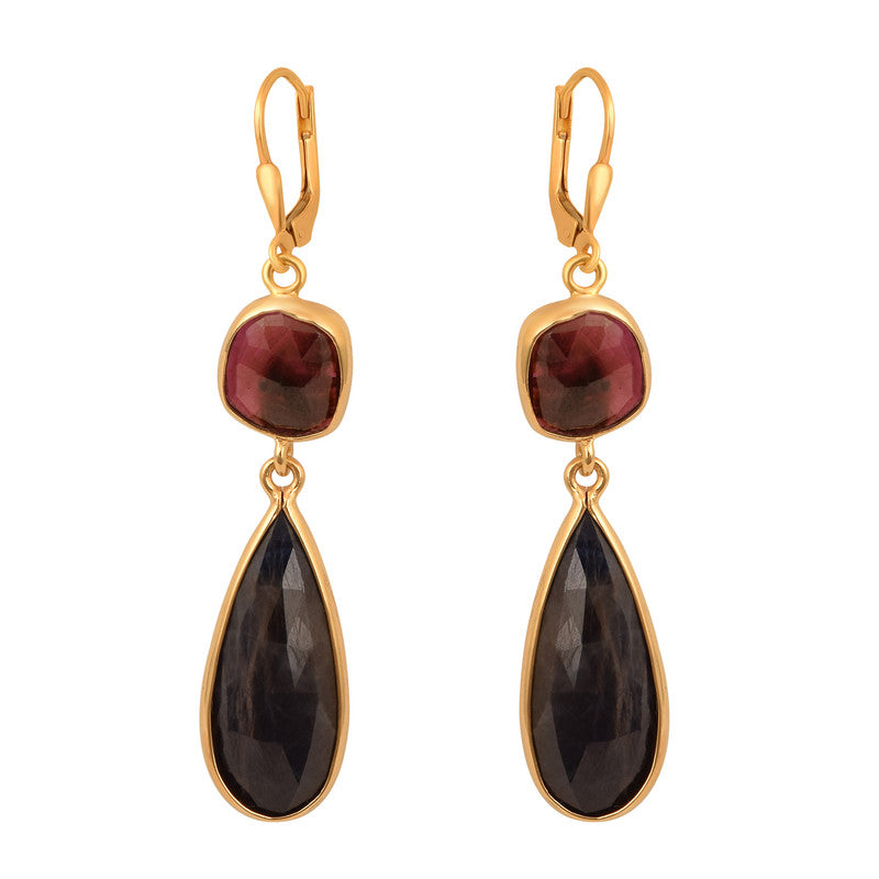 925 Sterling Silver Pear Blue Sapphire with Red Ruby Gold Plated Leverback Earrings
