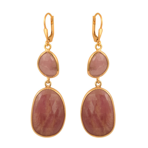 Natural Rhodochrosite Gold Vermeil Plated Leverback Earrings - Kimaya INC