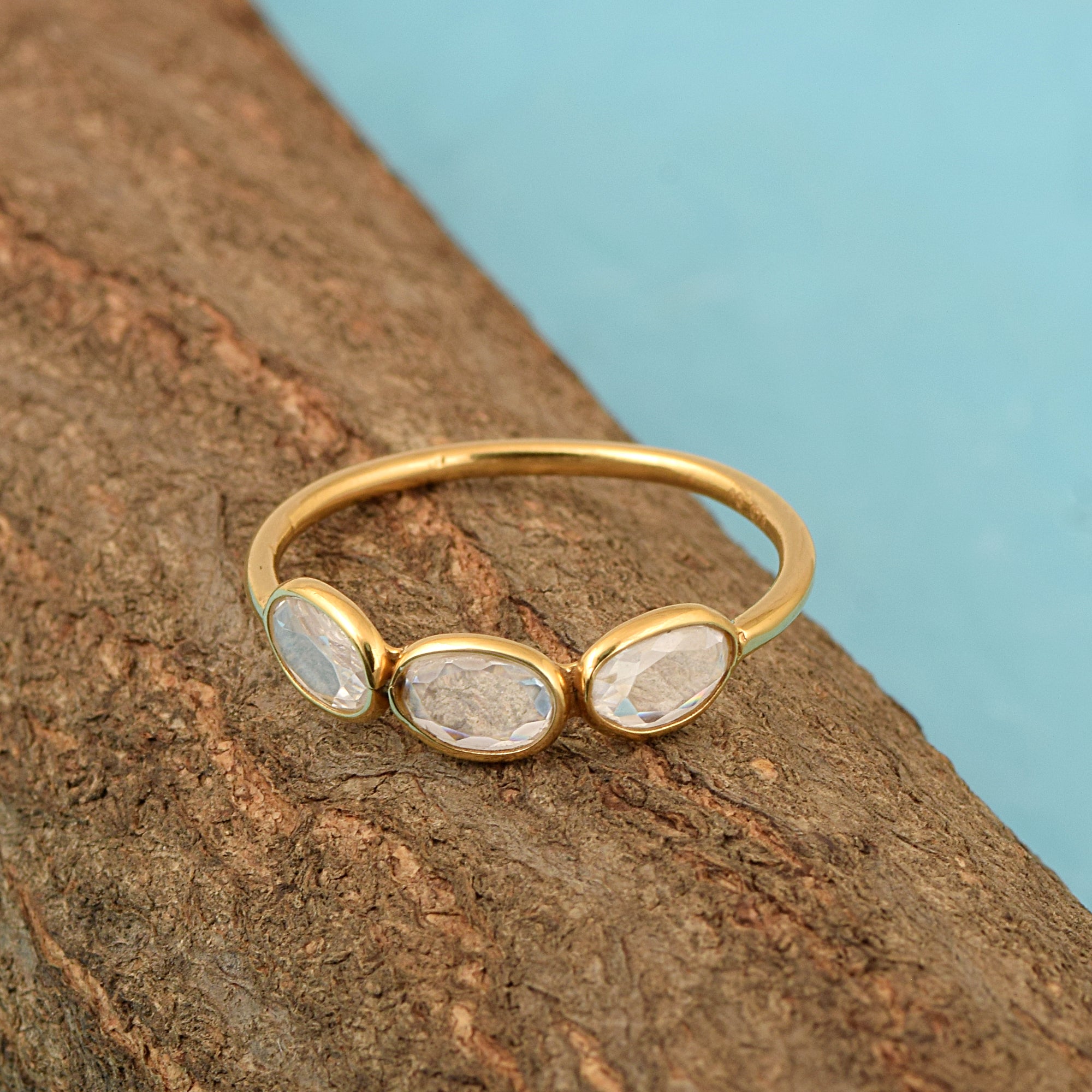 925 Sterling Silver Natural White Zircon Gemstone 3-Stone Ring - Kimaya INC