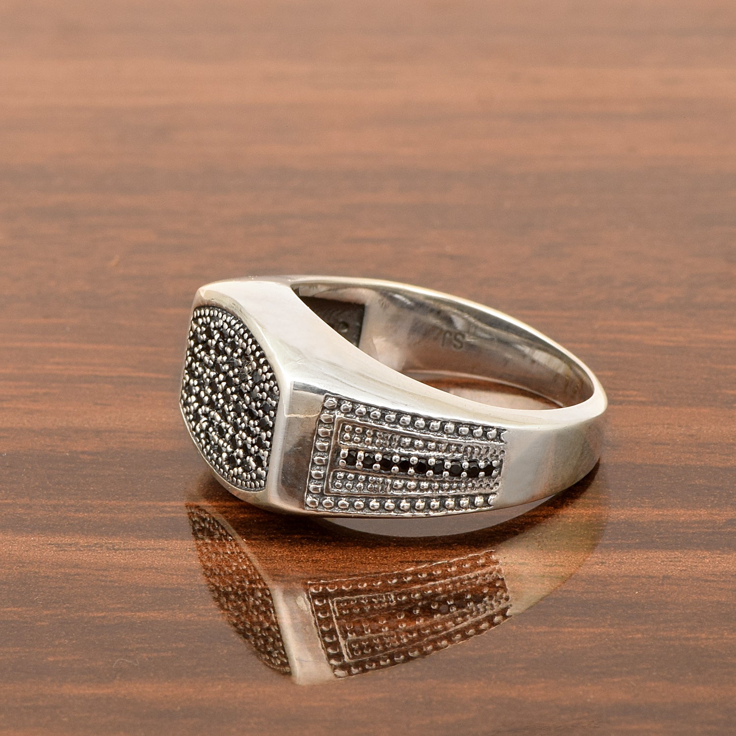 Mens Black Spinel Rings Solid 925 Sterling Silver Round Black Spinel Signet Rings - Kimaya INC
