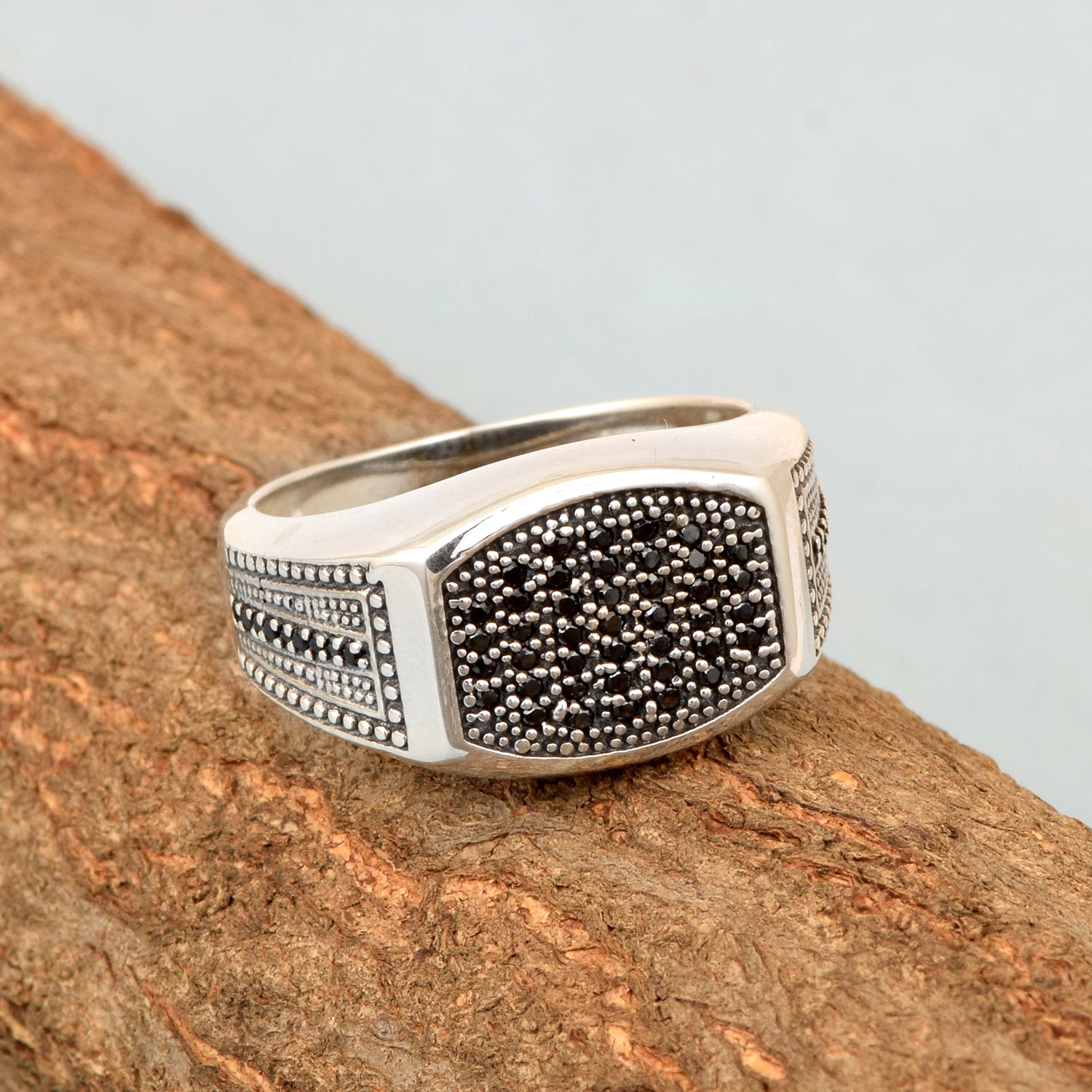 Mens Black Spinel Rings Solid 925 Sterling Silver Round Black Spinel Signet Rings - Kimaya INC