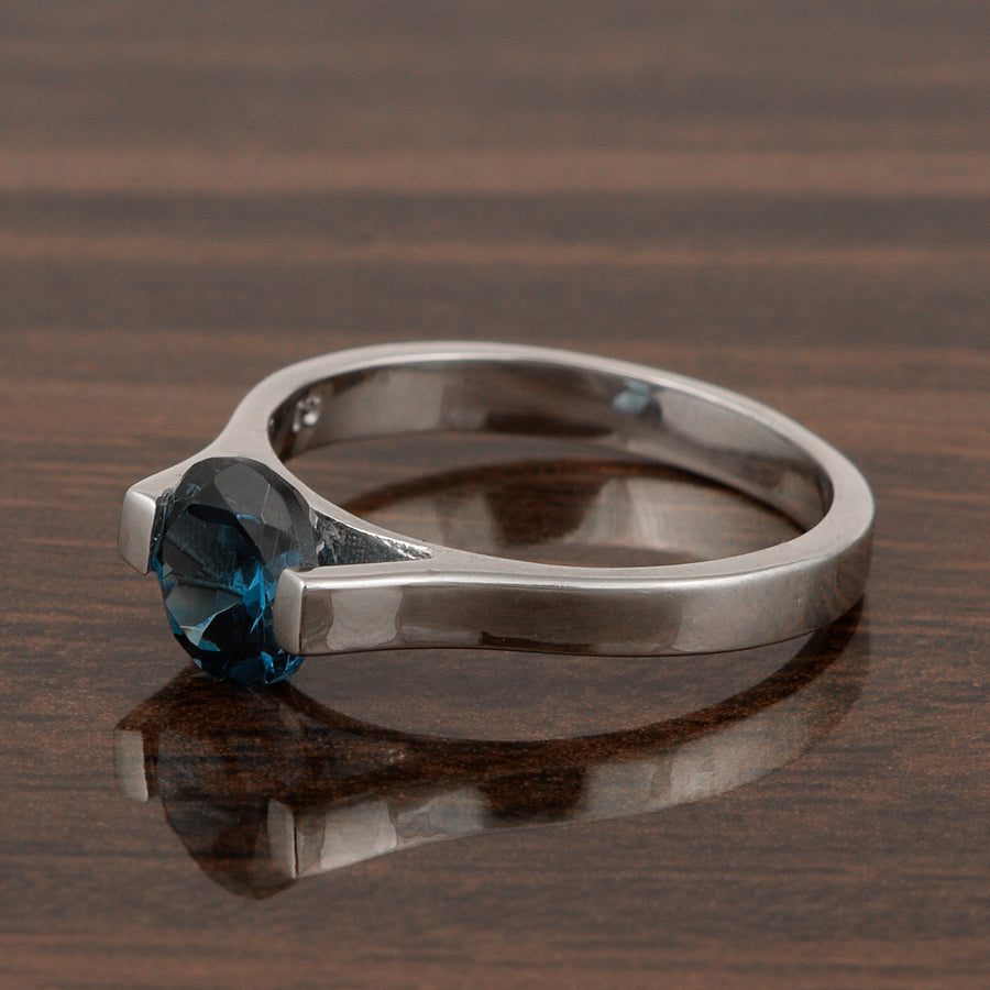 London Blue Topaz Round Solitaire Ring -Sterling Silver