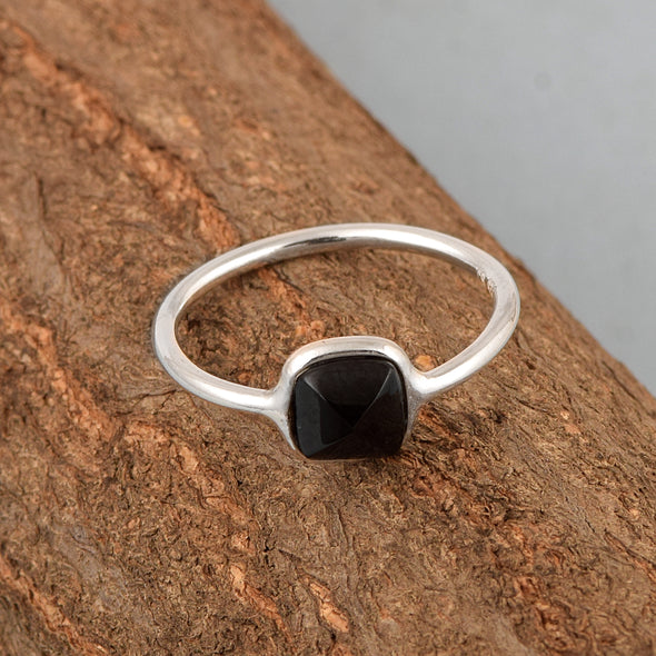 925 Sterling Silver Cushion 6mm Black Spinel Gemstone Stackable Band Ring - Kimaya INC