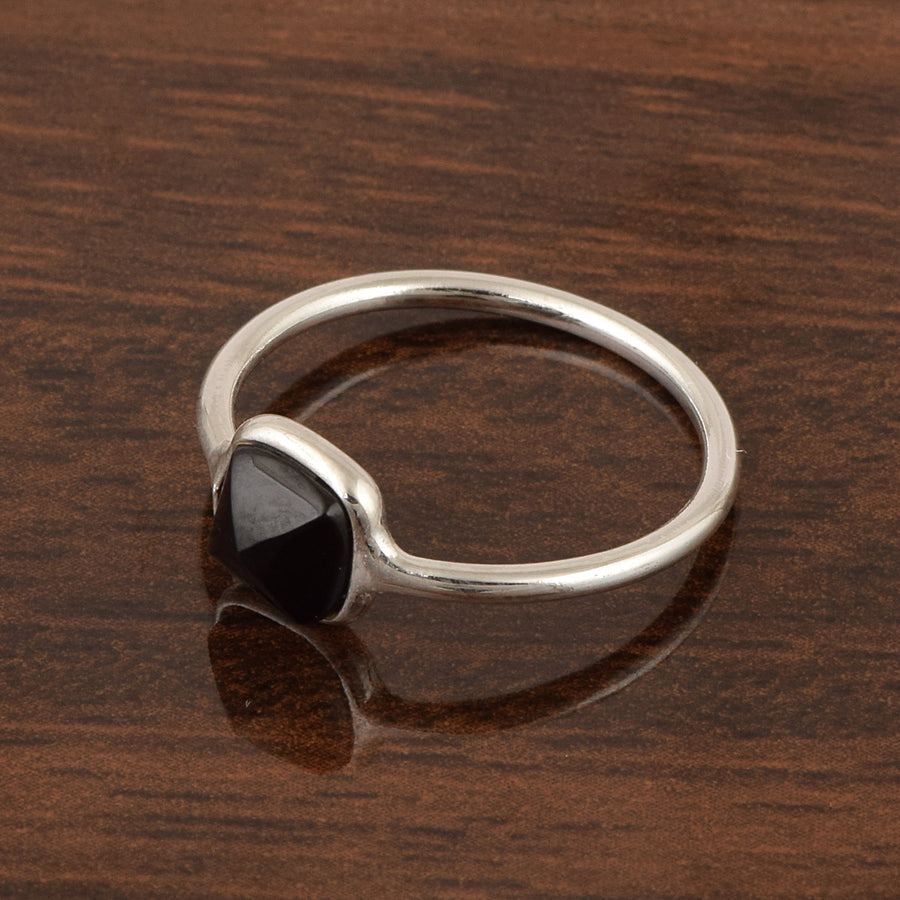 Black Spinel 8MM Cushion Solitaire Ring -Sterling Silver