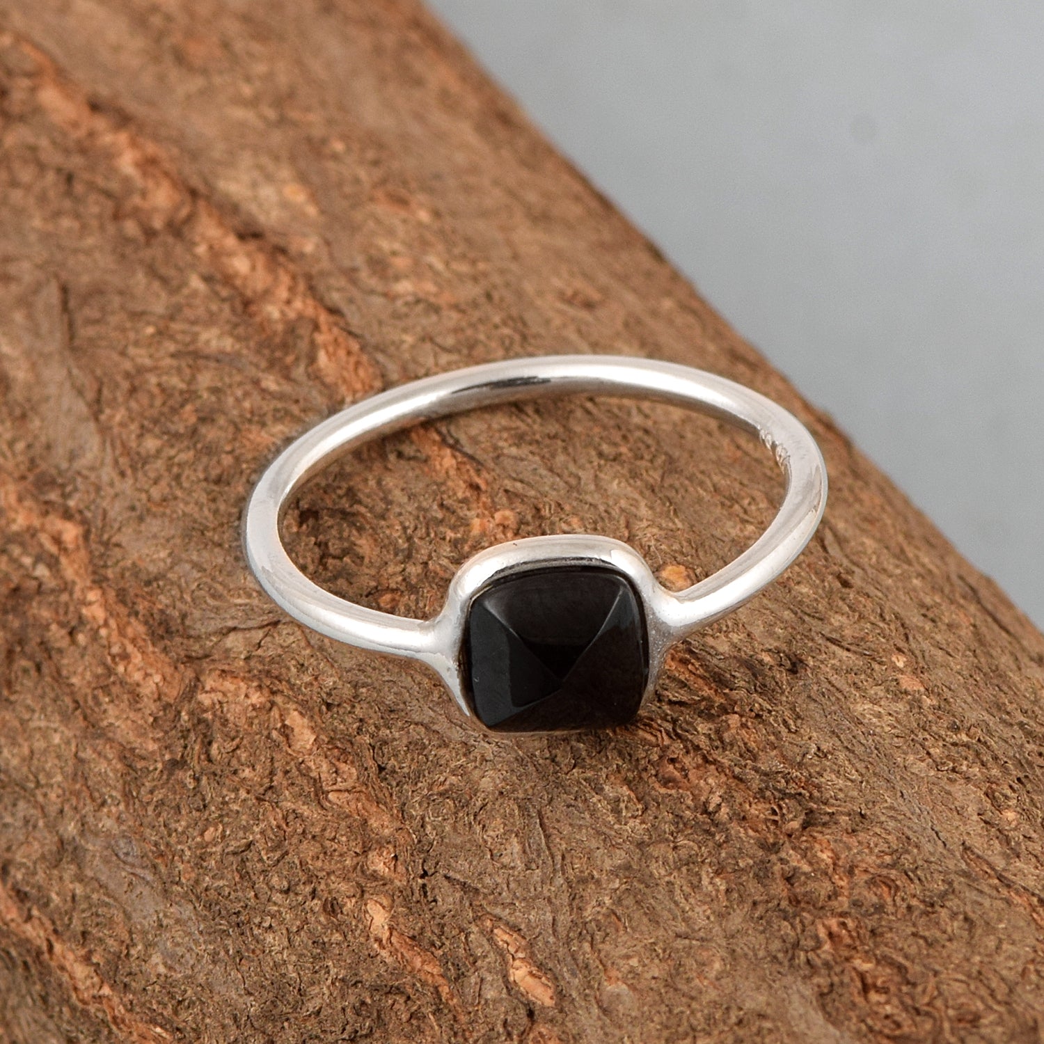 925 Sterling Silver Cushion 10mm Black Spinel Gemstone Stackable Band Ring - Kimaya INC