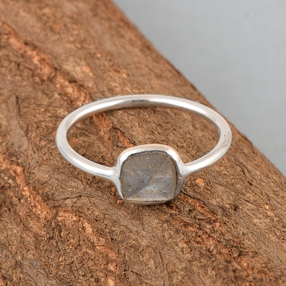 925 Sterling Silver Cushion 8mm Labradorite Gemstone Stackable Band Ring - Kimaya INC