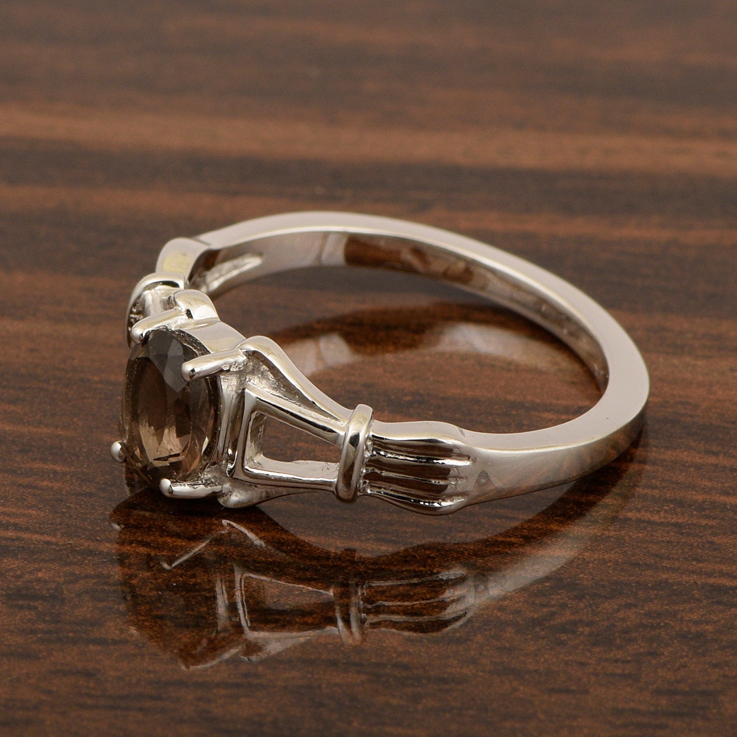 925 Sterling Silver Oval 7x5mm Smoky Quartz Gemstone Stacking Ring - Kimaya INC