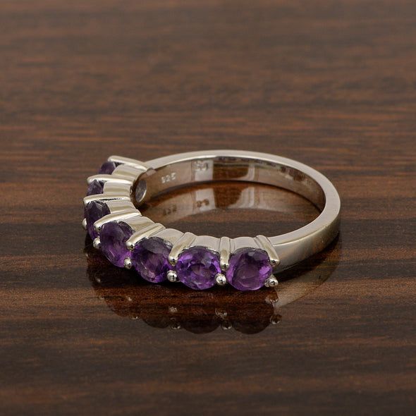 925 Sterling Silver 7-Stone Round Purple Amethyst Gemstone Women Wedding Ring - Kimaya INC