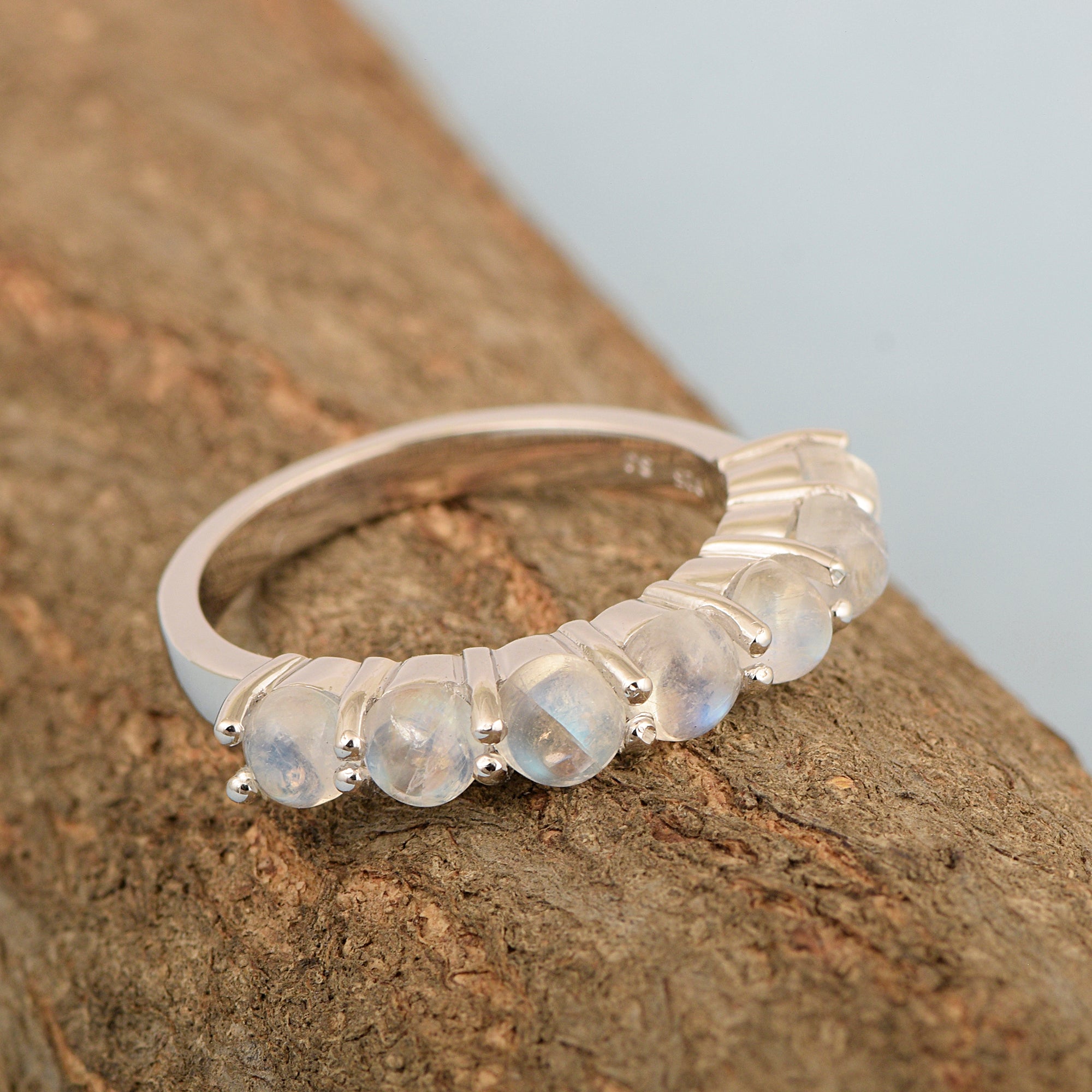 925 Sterling Silver 7-Stone Round Purple Moonstone Gemstone Women Wedding Ring - Kimaya INC