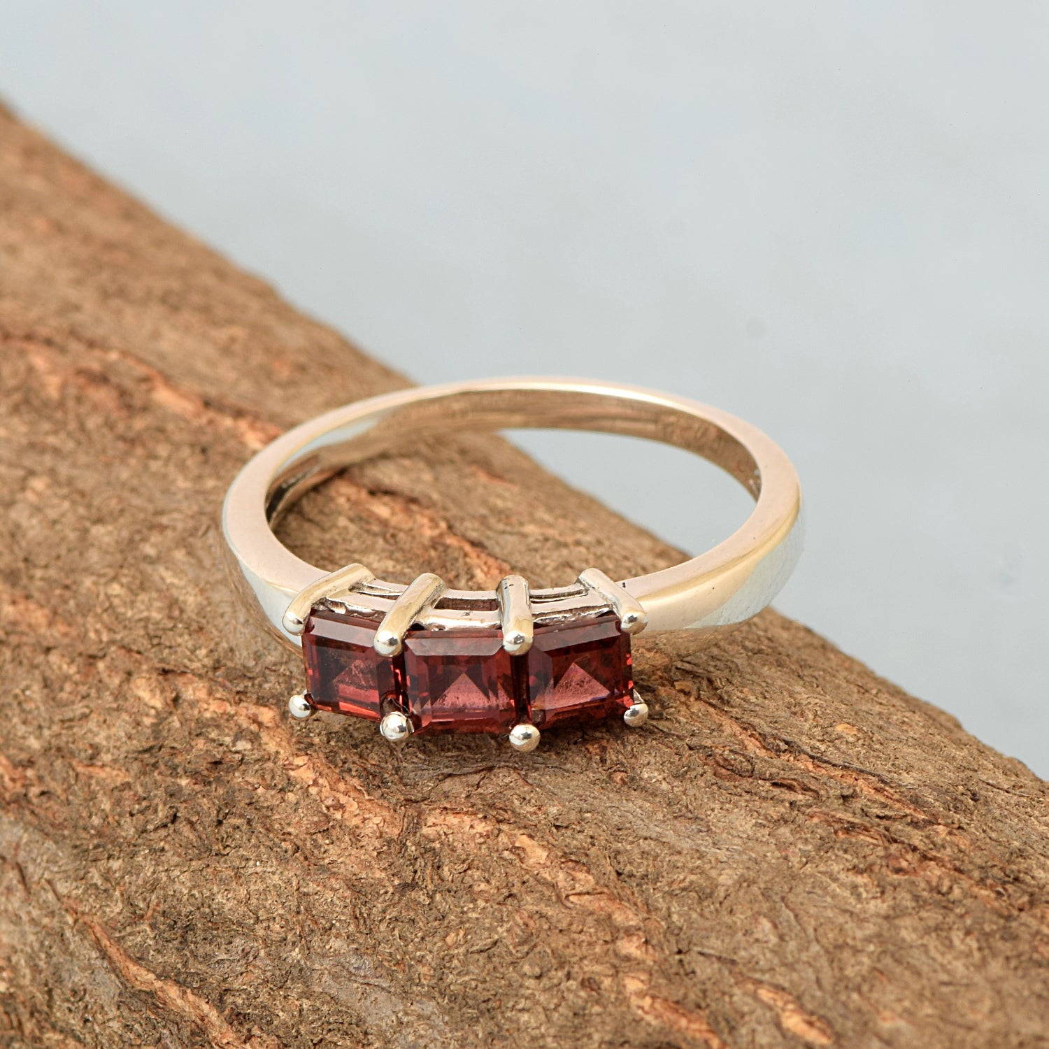 3-Stone Band Round 4mm Red Garnet Gemstone 925 Sterling Silver Ring - Kimaya INC