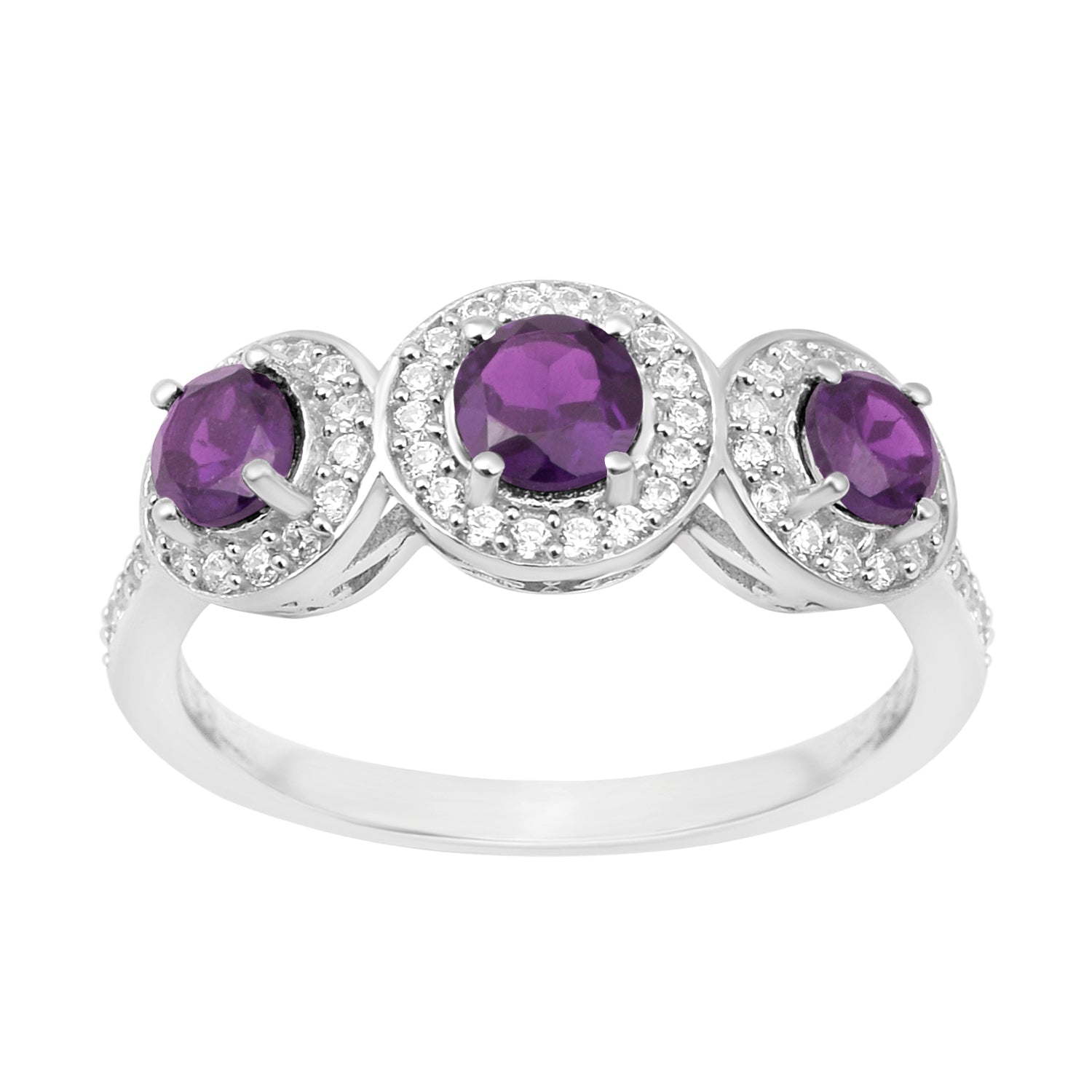 925 Sterling Silver Round 1.05 Ct Amethyst 3-Stone Engagement Ring - Kimaya INC