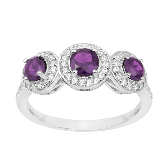 925 Sterling Silver Round 1.05 Ct Amethyst 3-Stone Engagement Ring - Kimaya INC