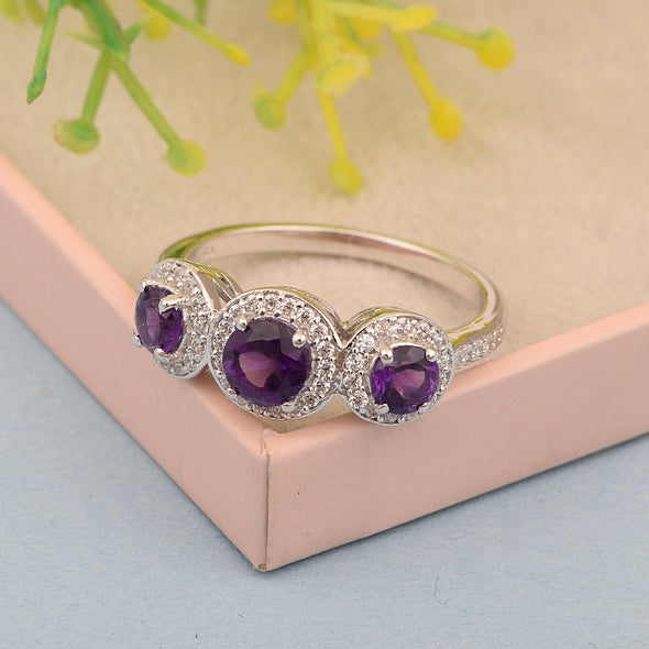 925 Sterling Silver Round 1.05 Ct Amethyst 3-Stone Engagement Ring - Kimaya INC