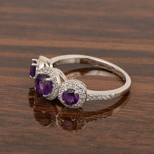 925 Sterling Silver Round 1.05 Ct Amethyst 3-Stone Engagement Ring - Kimaya INC