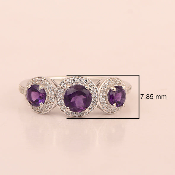 925 Sterling Silver Round 1.05 Ct Amethyst 3-Stone Engagement Ring - Kimaya INC