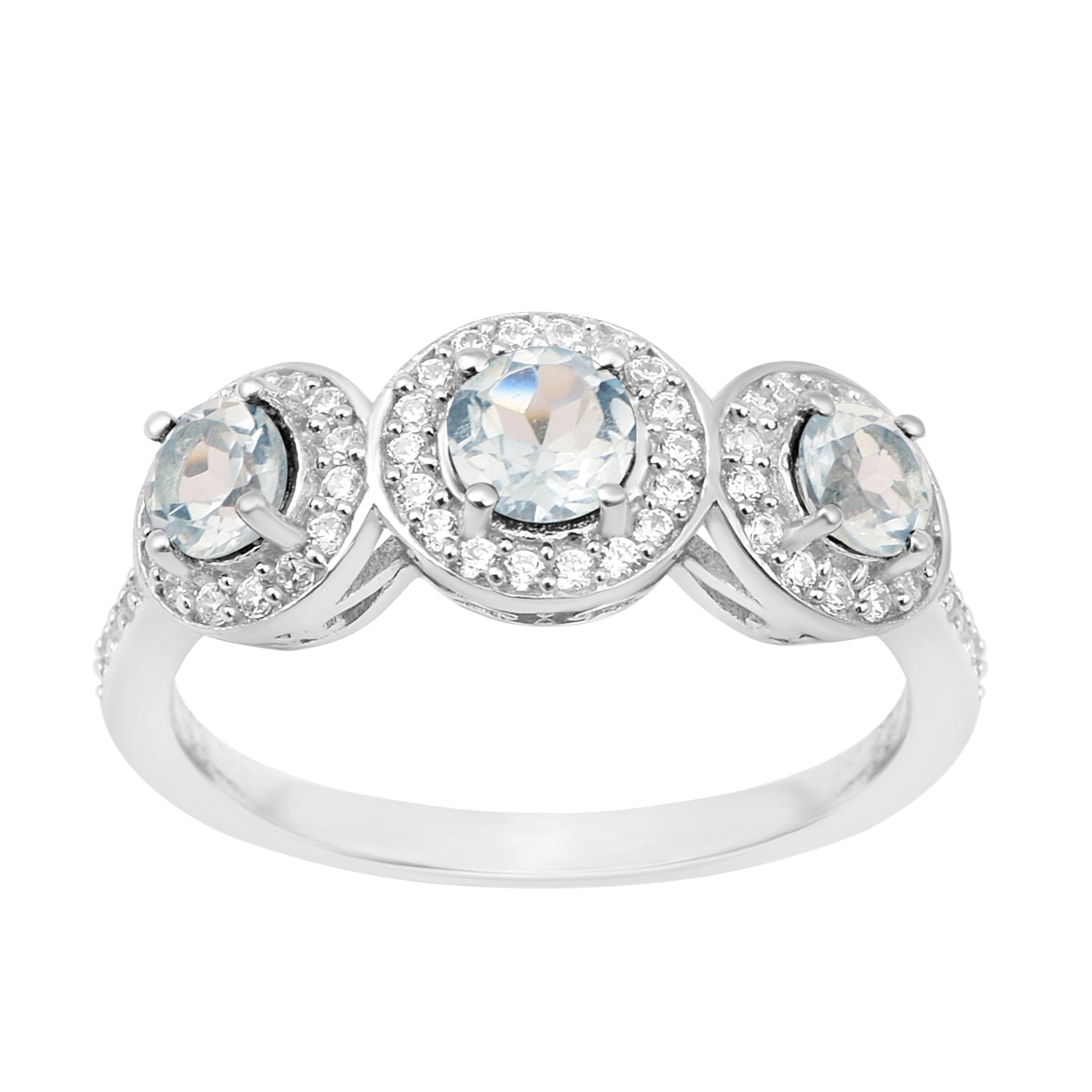 925 Sterling Silver Round 1.05 Ct Aquamarine 3-Stone Engagement Ring - Kimaya INC