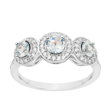 925 Sterling Silver Round 1.05 Ct Aquamarine 3-Stone Engagement Ring - Kimaya INC