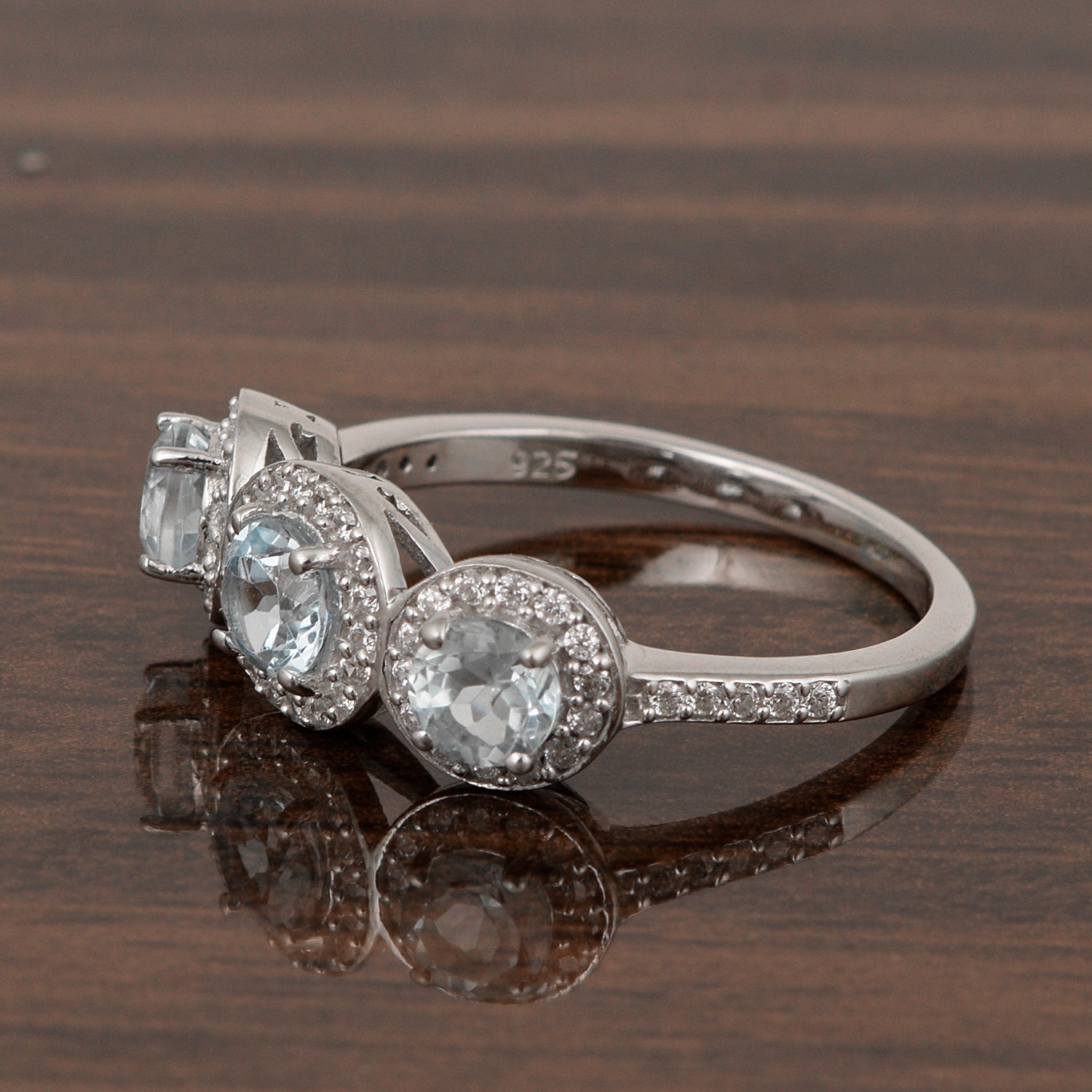 925 Sterling Silver Round 1.05 Ct Aquamarine 3-Stone Engagement Ring - Kimaya INC